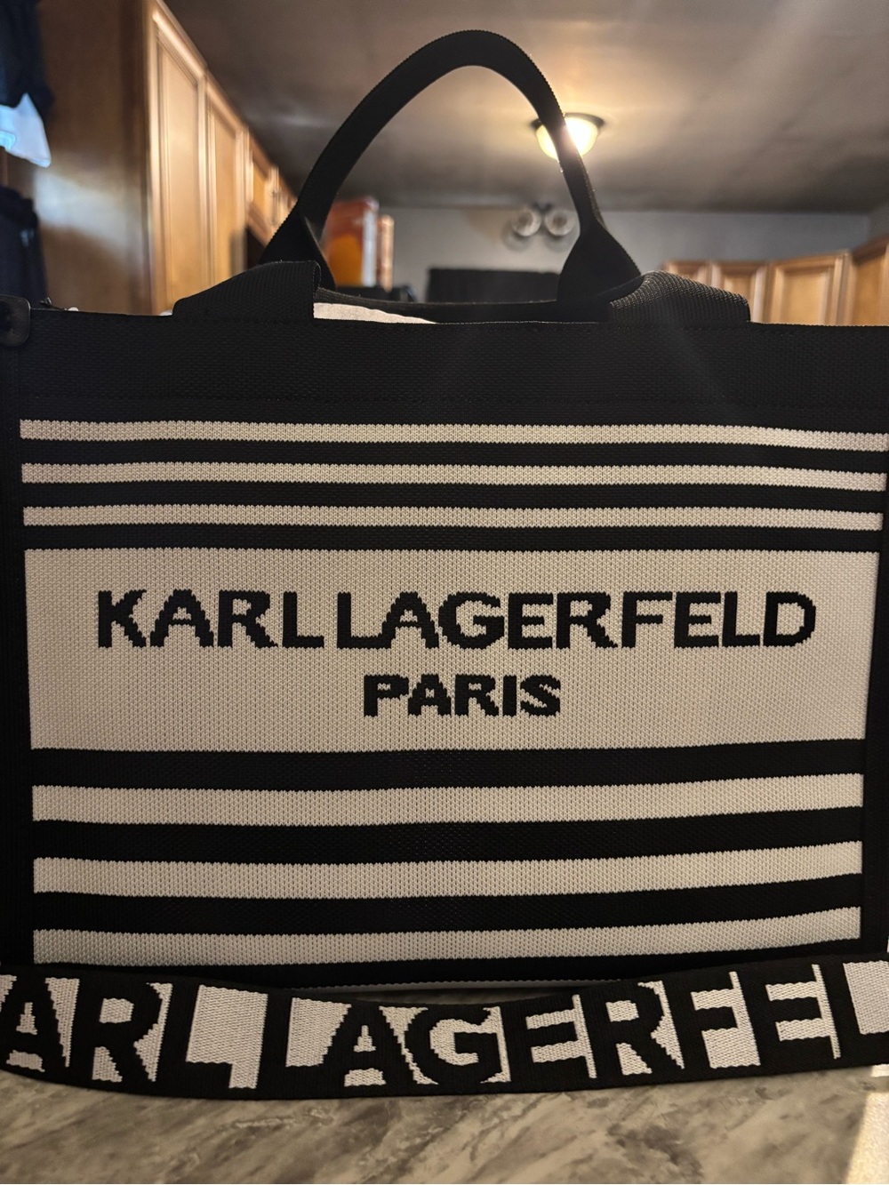 Karl Lagerfeld Black and White Striped Logo Tote
